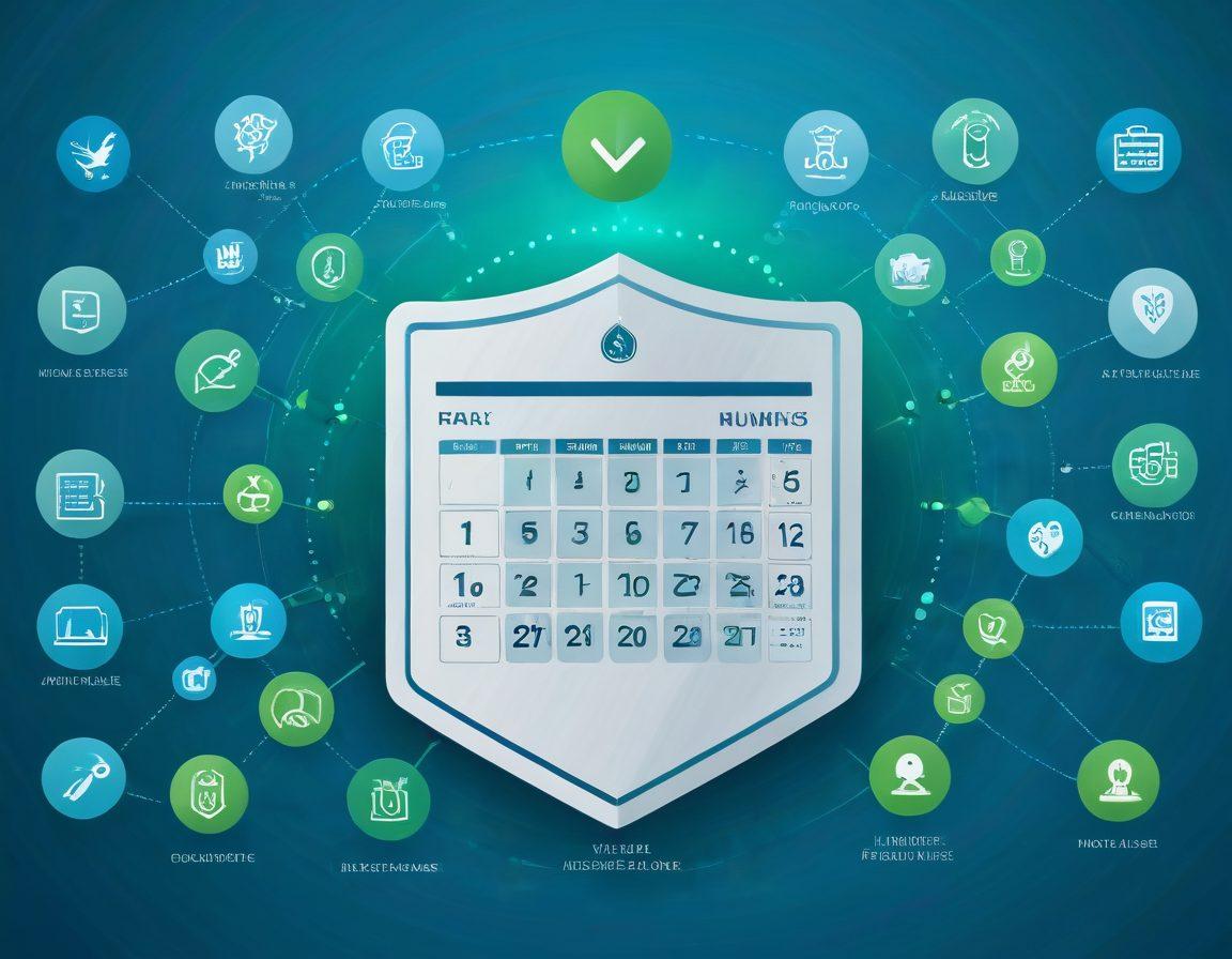 A modern digital interface displaying an automated insurance renewal process, featuring sleek icons for policies, reminders, and a calendar. Surround the interface with symbols of peace of mind, like a shield and a checkmark. Include diverse individuals interacting with the technology, showcasing ease and satisfaction. The color scheme should be calming with blues and greens, conveying trust and reliability. 3D, vibrant colors.