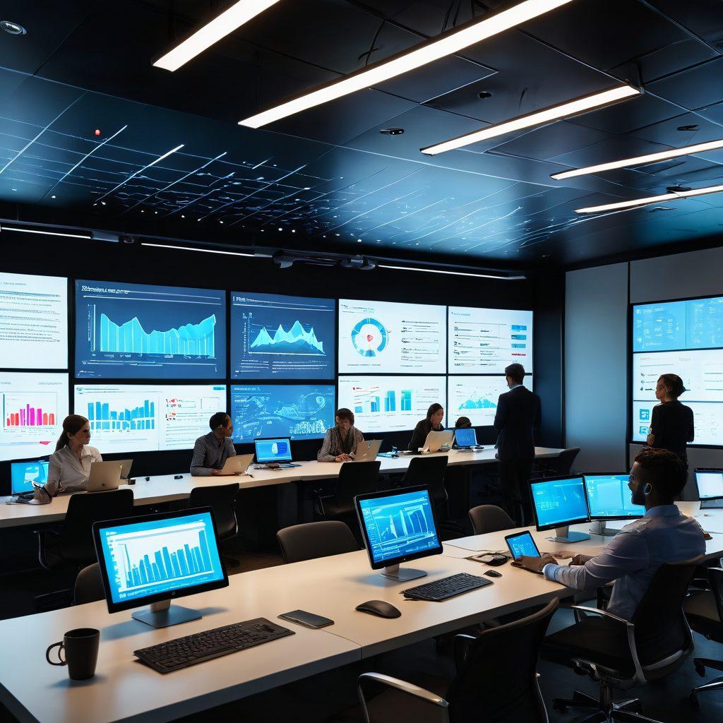 A modern office scene illustrating seamless integration of technology and insurance solutions, showcasing diverse professionals collaborating over digital screens filled with data analytics, flow charts, and renewal processes. Include tools like tablets, charts, and a large digital display showing statistics. The atmosphere should be dynamic and forward-thinking, emphasizing teamwork and innovation. Use vibrant colors and a futuristic style. super-realistic. vibrant colors. 3D.